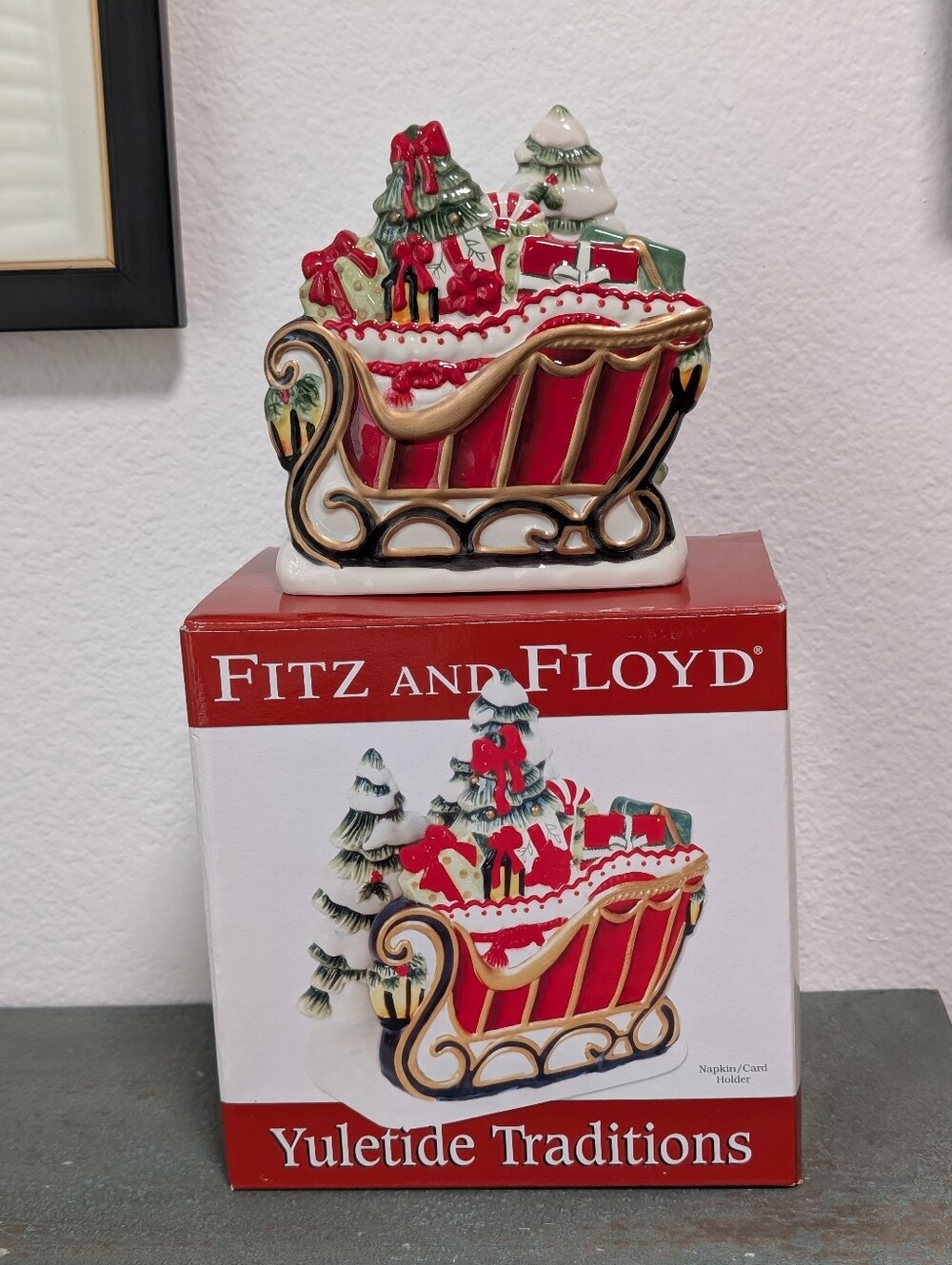 Fitz & Floyd Yuletide Santa Sleigh Tree Napkin / Card  Holder Christmas Decor